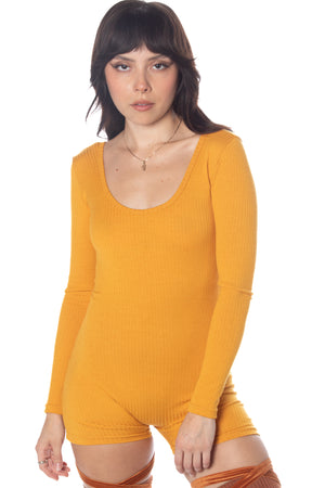 RTS BALMY RIBBED KNIT LONG SLEEVE SHORT CATSUIT